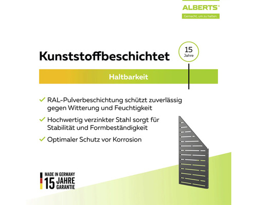 Alberts Logo, kunststoffbeschichtetes Zaunelement aus verzinktem Stahl mit RAL-Pulverbeschichtung, 15 Jahre Garantie, Herkunftssiegel Deutschland.
