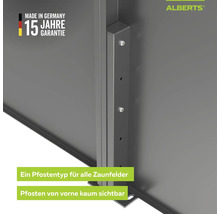 Alberts Zaunpfosten-System aus Metall für Sichtschutz-Zaunfelder, von vorne kaum sichtbar, 15 Jahre Garantie, Hergestellt in Deutschland, Alberts Logo.