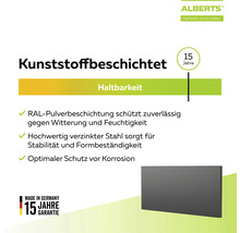 Alberts Logo. Infografik: Kunststoffbeschichteter Stahl, verzinkt, RAL-Pulverbeschichtung, Korrosionsschutz, 15 Jahre Haltbarkeit, Made in Germany.