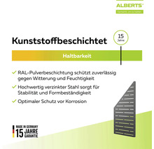 Alberts Logo. Schräges, kunststoffbeschichtetes Zaunpaneel aus verzinktem Stahl mit RAL-Pulverbeschichtung. 15 Jahre Garantie. Hergestellt in Deutschland.