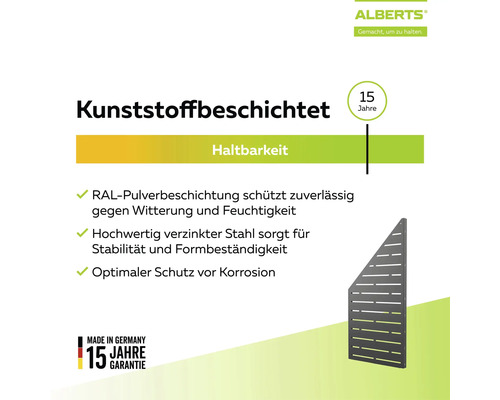 Alberts Logo. Schräges, kunststoffbeschichtetes Zaunpaneel aus verzinktem Stahl mit RAL-Pulverbeschichtung. 15 Jahre Garantie. Hergestellt in Deutschland.
