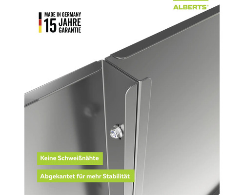 Metall-Eckverbindung ohne Schweißnähte mit abgekanteten Kanten für Stabilität. Alberts Logo. 15 Jahre Garantie. Hergestellt in Deutschland.