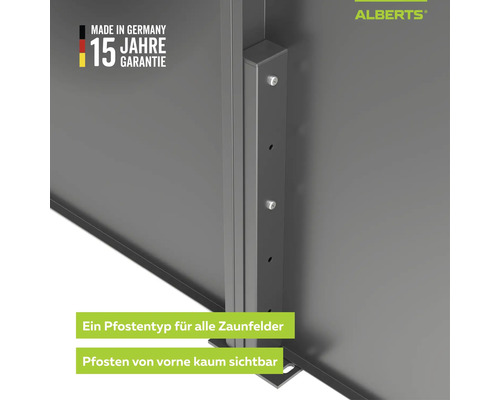 Alberts Zaunpfosten-System, 15 Jahre Garantie, Made in Germany. Ein Pfostentyp für alle Zaunfelder, von vorne kaum sichtbar. Alberts Logo.