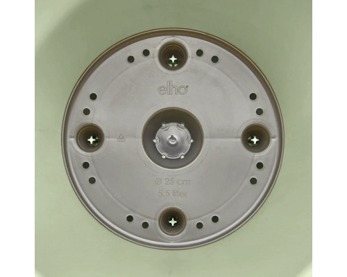 Vue intérieure du fond d'un pot de fleurs en plastique elho avec elho Logo, diamètre 25 centimètres et volume 5,5 litres.