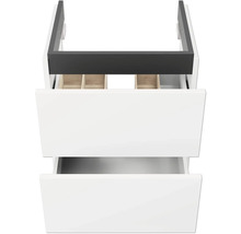 Meuble sous-vasque avec deux tiroirs blancs, tiroir supérieur avec compartiments en bois.