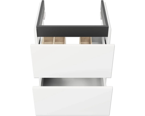 Meuble sous-vasque avec deux tiroirs blancs, tiroir supérieur avec compartiments en bois.