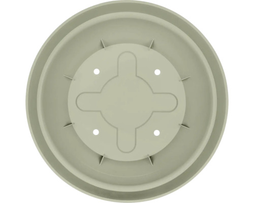 Soucoupe ronde pour pot de fleurs en plastique vert sauge vue de dessus.