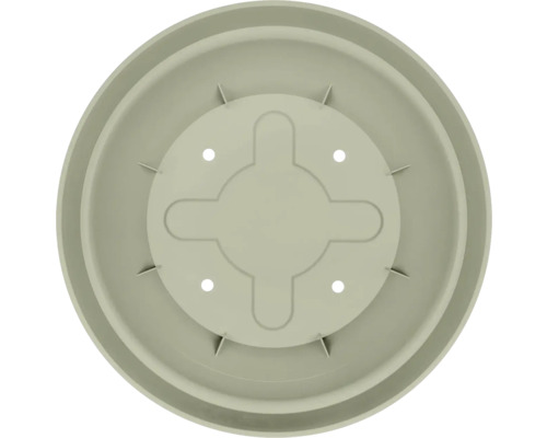 Soucoupe ronde pour pots de fleurs en plastique avec ouvertures de drainage.