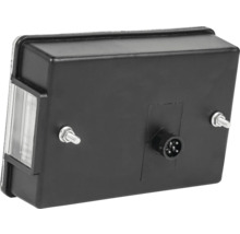 Vue arrière d'un feu arrière rectangulaire noir pour remorque avec connecteur à cinq broches, deux boulons de fixation et vitre latérale.