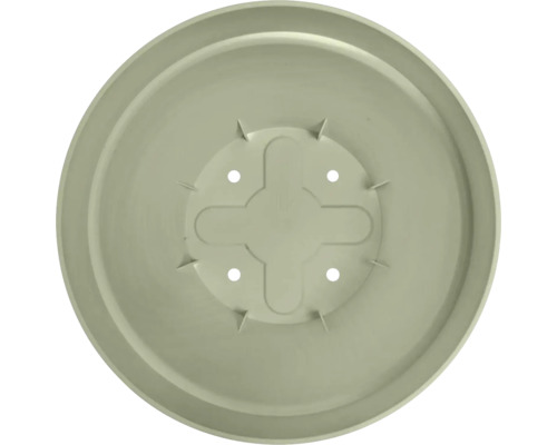 Soucoupe ronde en plastique vert clair pour pots de fleurs avec trous de drainage et renfort en forme de croix.
