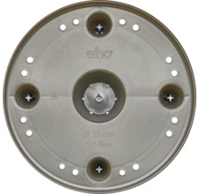 Vue du dessous d'un pot de fleurs en plastique elho d'un diamètre de 25 centimètres, d'un volume de 5,5 litres et avec des trous de drainage.