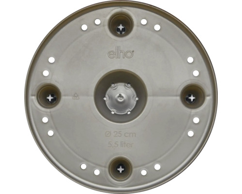 Vue du dessous d'un pot de fleurs en plastique elho d'un diamètre de 25 centimètres, d'un volume de 5,5 litres et avec des trous de drainage.