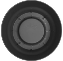 Vue de dessus de l'intérieur d'un pot de fleurs rond elho en plastique avec des trous de drainage et elho Logo.