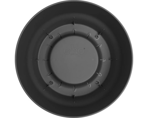Vue de dessus de l'intérieur d'un pot de fleurs rond elho en plastique avec des trous de drainage et elho Logo.