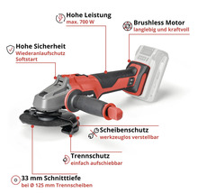 Meuleuse d'angle sans fil avec moteur sans balais, 700 Watt, protection de disque sans outil et profondeur de coupe de 33 millimètres.