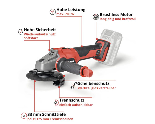 Meuleuse d'angle sans fil avec moteur sans balais, 700 Watt, protection de disque sans outil et profondeur de coupe de 33 millimètres.