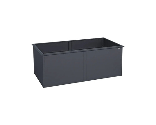 Jardinière surélevée rectangulaire en métal gris anthracite.