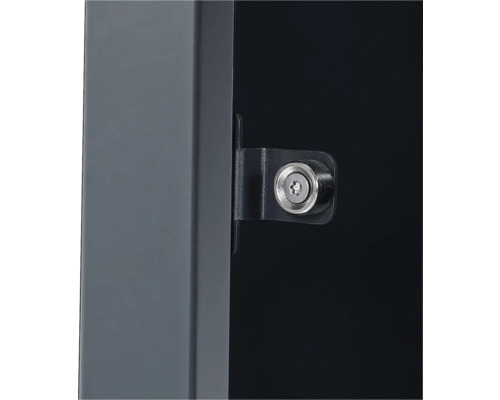 Loqueteau magnétique avec support en équerre et vis Torx sur un cadre métallique gris.