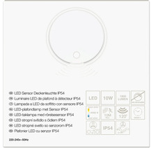 Plafonnier LED avec détecteur IP54, 10 Watt, 1800 Lumen, 4000 Kelvin, portée 10 mètres, angle 120 degrés, non gradable.