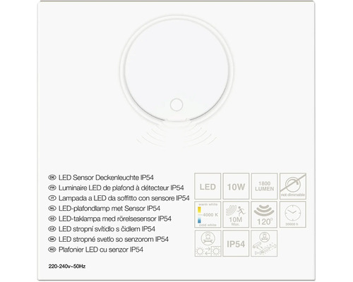 Plafonnier LED avec détecteur IP54, 10 Watt, 1800 Lumen, 4000 Kelvin, portée 10 mètres, angle 120 degrés, non gradable.
