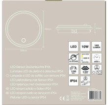 Plafonnier LED à détecteur IP54, diamètre 250 millimètres, 10 watts, 1800 lumens, 4000 kelvins, angle de détection 120 degrés, portée 10 mètres.