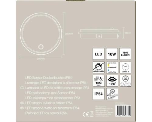 Plafonnier LED à détecteur IP54, diamètre 250 millimètres, 10 watts, 1800 lumens, 4000 kelvins, angle de détection 120 degrés, portée 10 mètres.