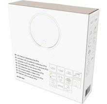 Emballage d'un plafonnier LED rond blanc avec détecteur IP54, 10 Watts, 1800 lumens, 4000 Kelvin, non gradable, angle de détection 120 degrés.