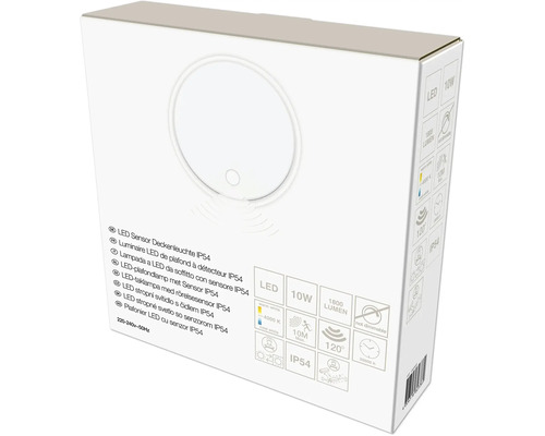 Emballage d'un plafonnier LED rond blanc avec détecteur IP54, 10 Watts, 1800 lumens, 4000 Kelvin, non gradable, angle de détection 120 degrés.