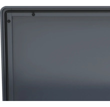 Nahaufnahme einer anthrazitfarbenen Metallrahmenecke mit schwarzer Gummidichtung und Schraubabdeckungen.