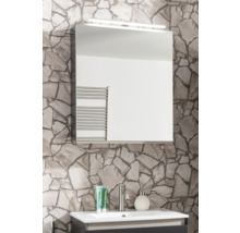 Salle de bains lumineuse avec armoire de toilette, éclairage LED, mur en pierre naturelle et lavabo avec robinet et accessoires.
