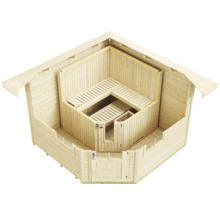 Vue de dessus d'un abri de jardin en bois avec sauna d'angle intégré et bancs de sauna.