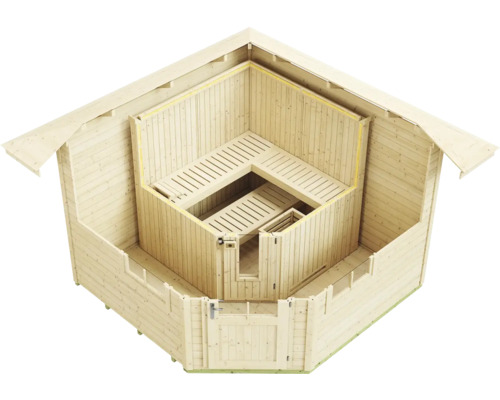 Vue de dessus d'un abri de jardin en bois avec sauna d'angle intégré et bancs de sauna.