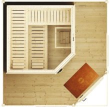 Vue de dessus d'un sauna en bois avec banc d'angle, deux surfaces de repos, appuie-têtes et antichambre avec paillasson.