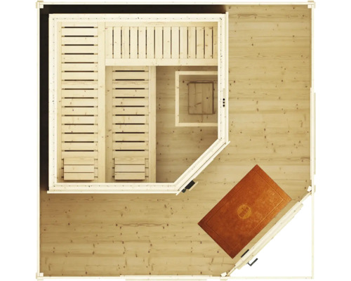 Vue de dessus d'un sauna en bois avec banc d'angle, deux surfaces de repos, appuie-têtes et antichambre avec paillasson.