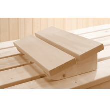 Appuie-tête ergonomique en bois clair pour sauna.