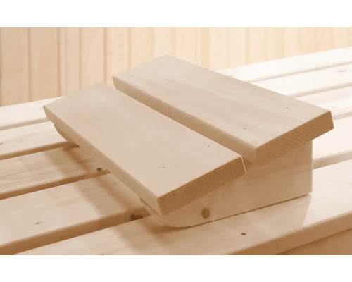 Appuie-tête ergonomique en bois clair pour sauna.
