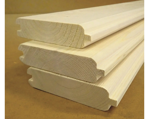 Lambris en bois résineux avec rainure et languette, trois planches empilées avec profil arrondi.