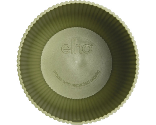 Ansicht von oben in einen runden elho Blumentopf aus recyceltem Kunststoff mit geriffelter Innenseite und elho Logo.