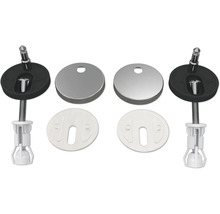 Kit de fixation pour abattant de toilette en acier inoxydable et plastique avec capuchons ronds, joints et vis de montage avec chevilles.