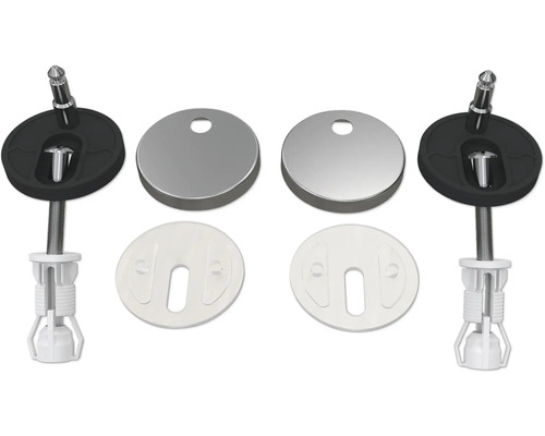 Kit de fixation pour abattant de toilette en acier inoxydable et plastique avec capuchons ronds, joints et vis de montage avec chevilles.