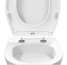 Abattant de toilettes blanc avec fonction de dégagement rapide et tiges de fixation chromées sur une cuvette de toilettes blanche.