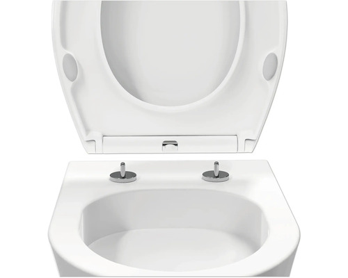 Abattant de toilettes blanc avec fonction de dégagement rapide et tiges de fixation chromées sur une cuvette de toilettes blanche.