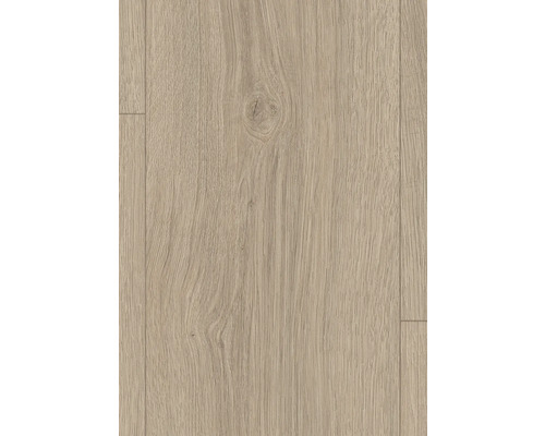 Revêtement de sol stratifié avec veinage de chêne et nœud apparent.