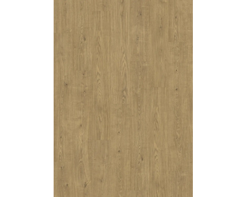 Revêtement de sol stratifié aspect chêne avec veinures et nœuds.