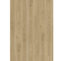 Revêtement de sol brun clair aspect bois de chêne avec veinage naturel et nœuds apparents.