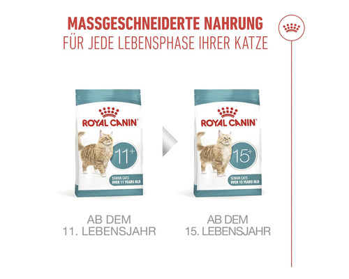 Nourriture Royal Canin pour chats seniors à partir de 11 et 15 ans, alimentation sur mesure, Royal Canin Logo.