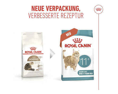 Nourriture pour chats Royal Canin pour seniors de plus de 11 ans dans un nouvel emballage et avec une recette améliorée.