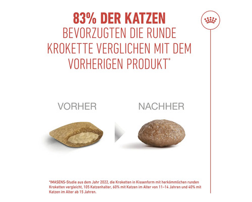 Royal Canin Logo und Vergleich zweier Krokettenformen. Text besagt, dass 83 Prozent der Katzen die neue runde Krokette bevorzugen.