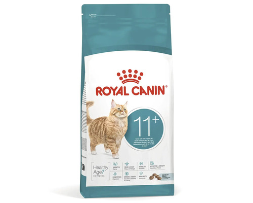 Royal Canin Logo. Katzenfutter für Senior-Katzen ab elf Jahren mit der Abbildung einer rötlichen Katze.
