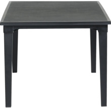 Table de jardin carrée en plastique anthracite avec plateau à l'aspect lattes de bois.